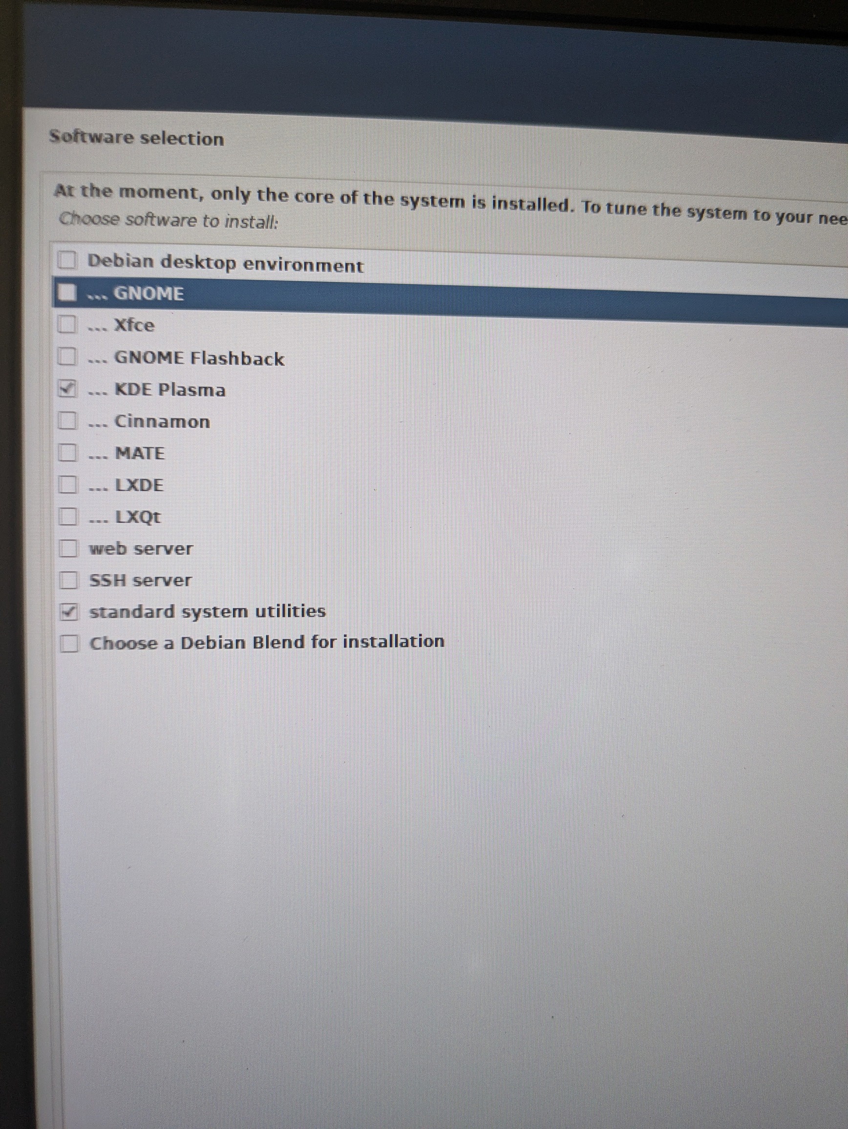 Debian installer desktop environment selection