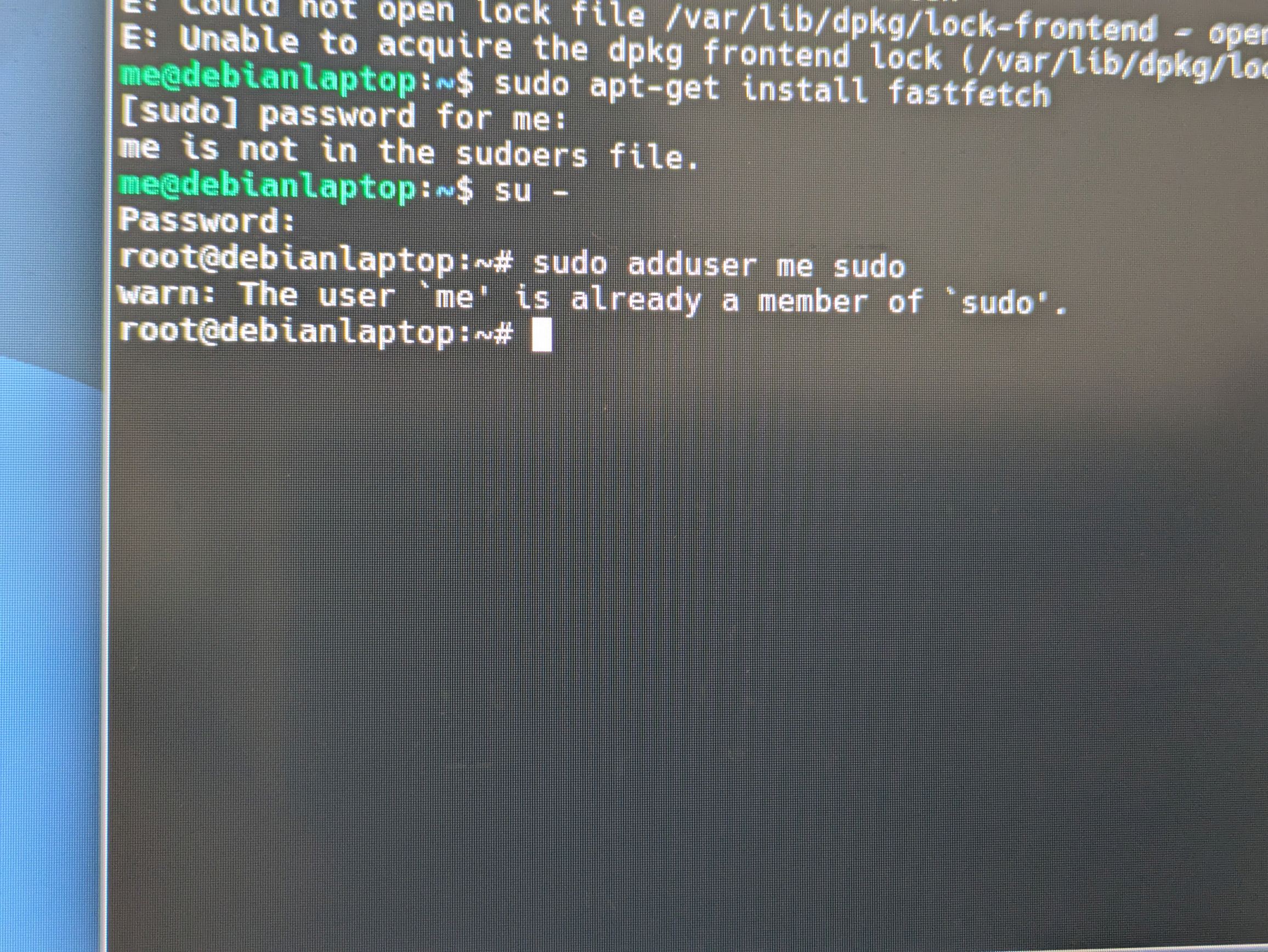 Screenshot of terminal: already in sudoers
