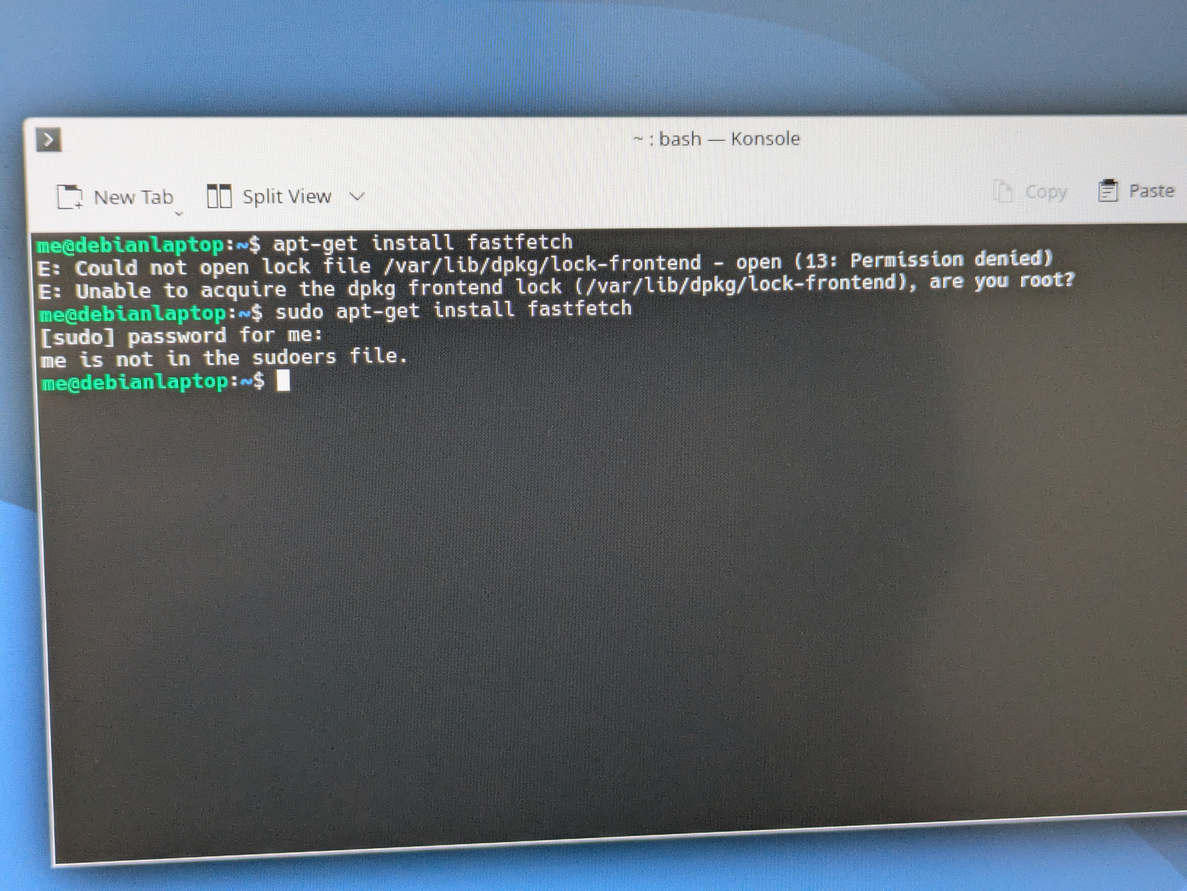 Screenshot of terminal: user not in sudoers