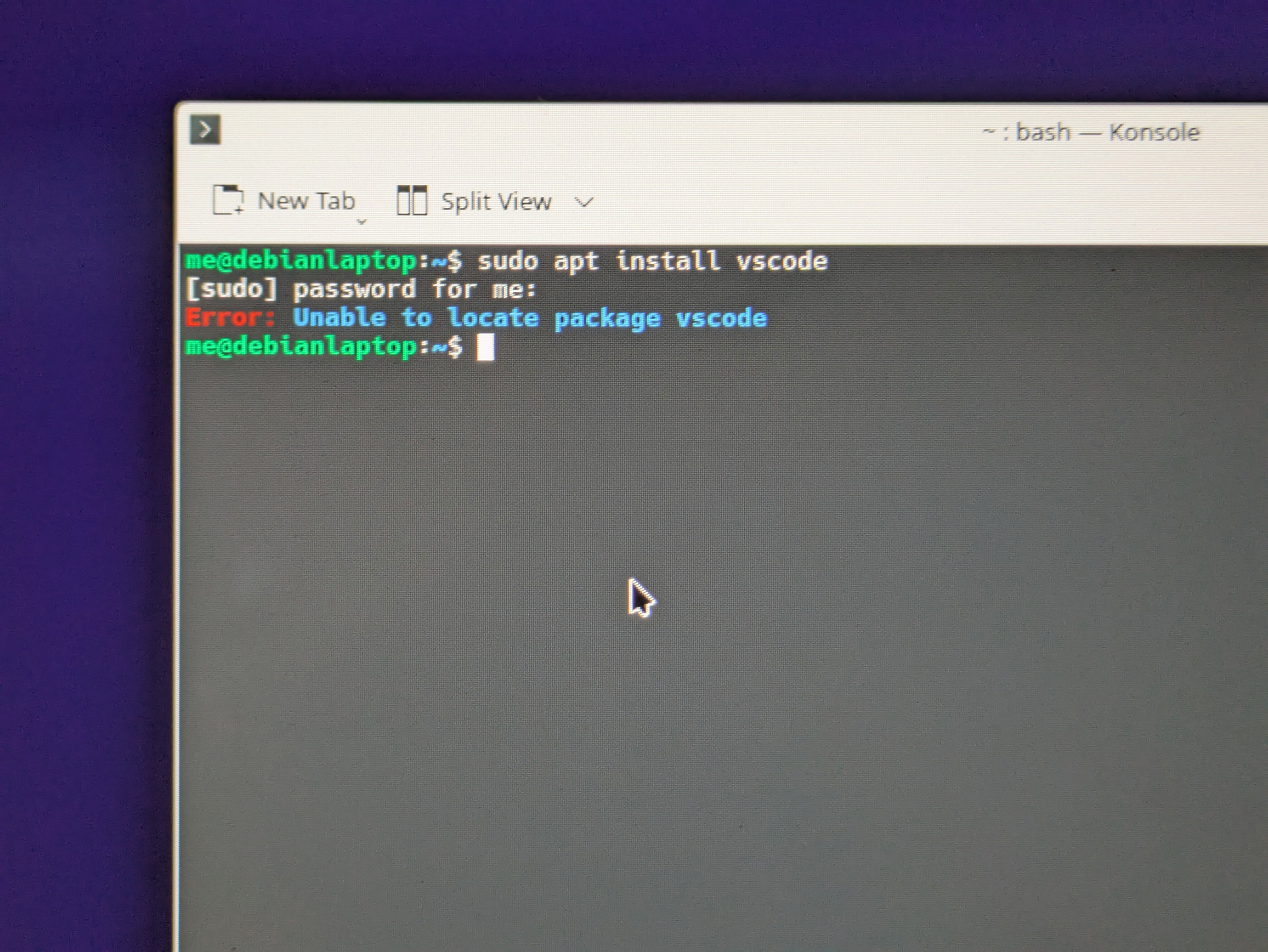 Screenshot of terminal: can't find vscode