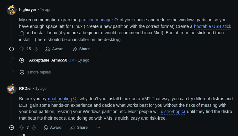 screenshot of reddit explaining how to install linux